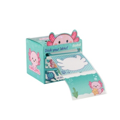 Caixa verde-água com personagem rosa de desenho animado e folhas destacáveis com padrões e ilustração