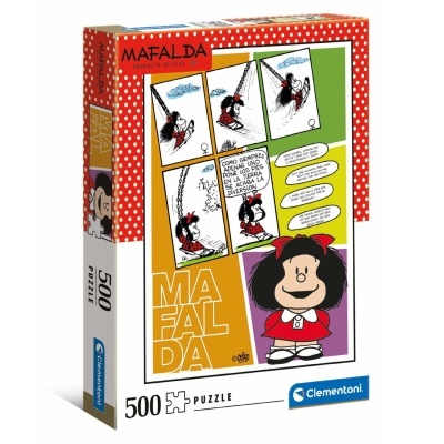 Caixa vermelha de puzzle Mafalda com 500 peças e quadrinhos da personagem