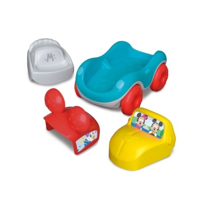 Brinquedo desmontável colorido com personagens da Disney, incluindo carrinho azul com rodas vermelhas