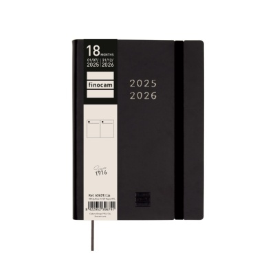Agenda preta 2025-2026 com elástico e etiquetas visíveis