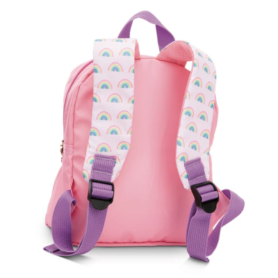 Mochila rosa com alças lilás e padrão de arco-íris