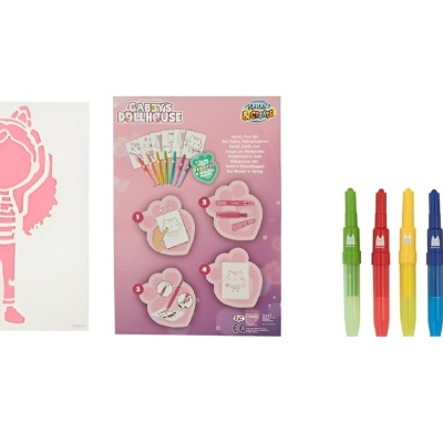 Stencil rosa de personagem, kit de moldes para desenhar e seis marcadores coloridos alinhados