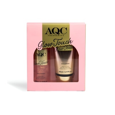 Conjunto AQC Glow Touch com frasco spray e tubo de loção em caixa rosa