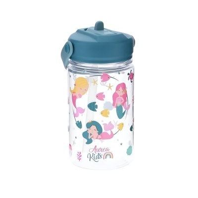 Garrafa infantil com desenhos de sereias e peixes e tampa azul