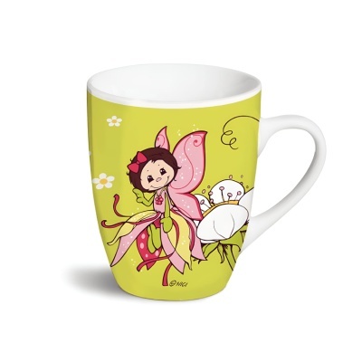 Caneca com ilustração de fada menina e flor em fundo verde claro