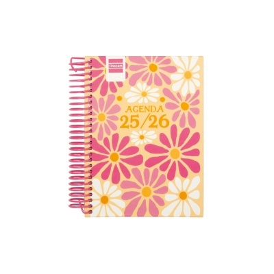 Agenda 25/26 com capa floral rosa, branco e amarelo com espiral rosa
