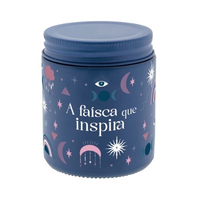Frasco azul com decoração astral e texto 'A faísca que inspira'.