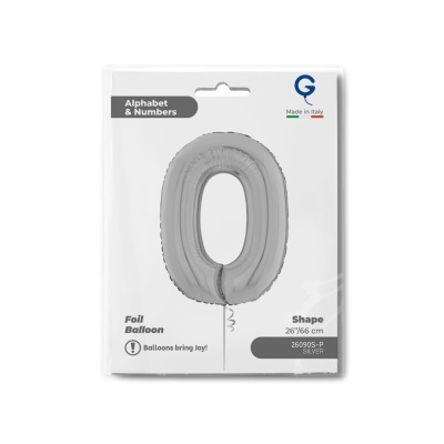 Balão folha prateado número 0 em embalagem branca