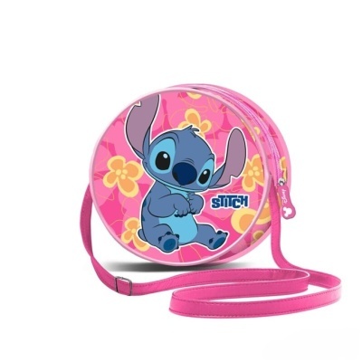 Bolsa redonda rosa com imagem do Stitch e flores amarelas