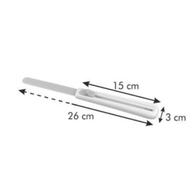 Utensílio de cozinha branco com medidas de 26 cm, 15 cm e 3 cm
