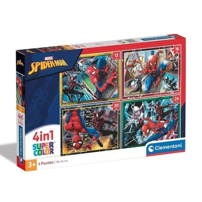 Caixa de puzzle Spider-Man 4 em 1 colorido com 4 puzzles de várias peças da marca Clementoni
