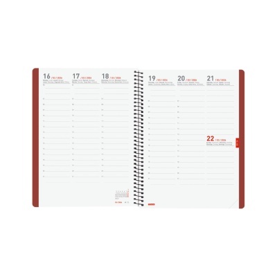 Agenda semanal aberta com espiral, cores vermelha e branca, datas de 16 a 22 com linhas para anotações.