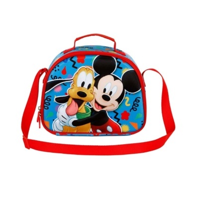 Mala infantil azul com estampado colorido de Mickey Mouse e Pluto e alça vermelha