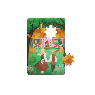 Puzzle ilustrado incompleto com casa e duas crianças num ambiente verde