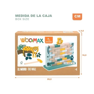 Caixa castanha de brinquedo infantil WOOMAX com tabuleiro e peças de madeira coloridas.