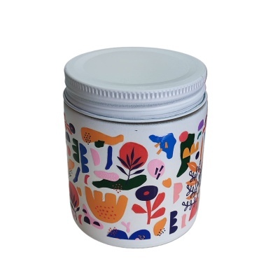 Frasco branco com tampa branca e padrão colorido abstrato