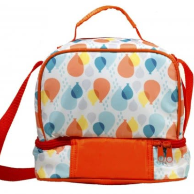 Mala térmica colorida com padrão de balões e alças laranja