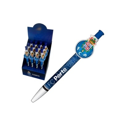 Caneta FC Porto azul com emblema e texto e suporte com várias canetas iguais