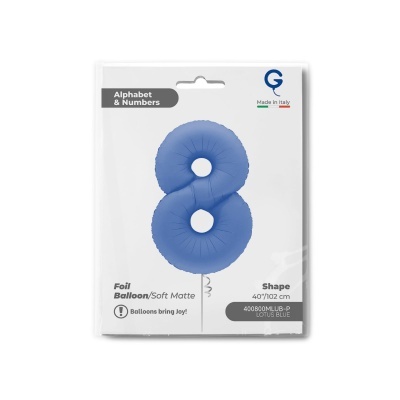 Embalagem com balão azul em forma do número 8