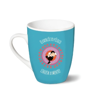 Caneca azul com ilustração e texto motivacional