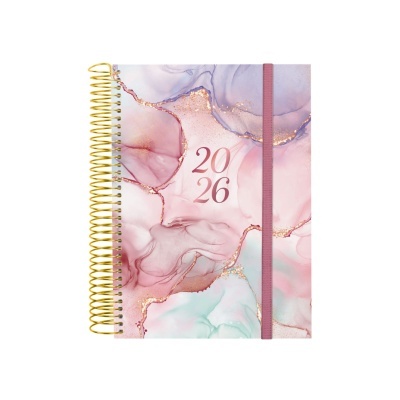 Agenda 2026 com capa aquarela e elástico cor-de-rosa