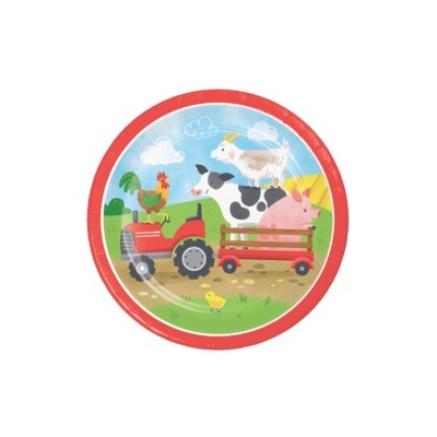 Prato redondo com desenho de animais de quinta e trator