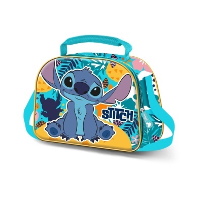 Mala infantil azul com personagem Stitch e padrão tropical