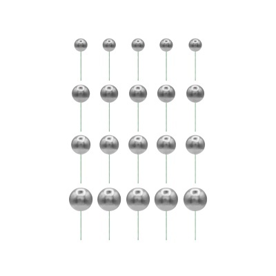 Alfinetes de metal prateados com hastes verdes organizados em filas