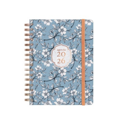 Agenda 2026 azul com flores brancas, espiral dourado e elástico laranja