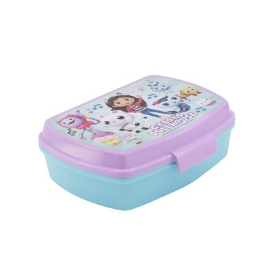 Pausa de almoço com tampa lilás e base azul com personagens de desenho animado e texto