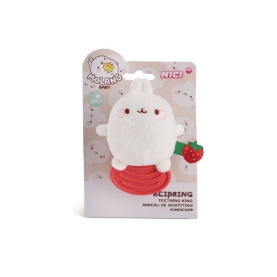 Anel de dentição peluche coelho branco com base vermelha em embalagem