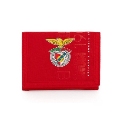 Carteira vermelha com emblema do Benfica e texto branco