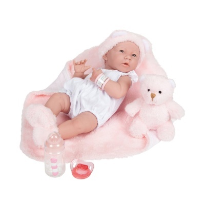 Boneca bebê realista com manta rosa, ursinho, chupeta e mamadeira