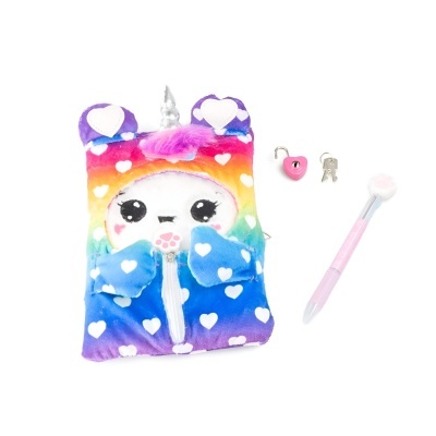 Estojo de pelúcia colorido em forma de unicórnio com caneta rosa e cadeado com chave