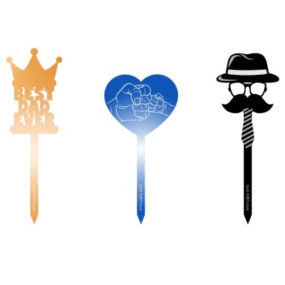 Três picks decorativos para pai com temas distintos em plástico colorido