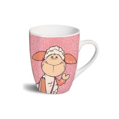 Caneca de cerâmica rosa com desenho de ovelha sorridente