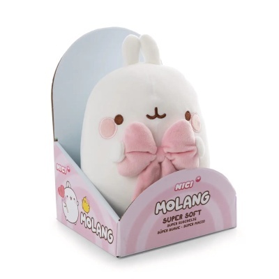 Peluches Molang branco com laço rosa em embalagem rosa