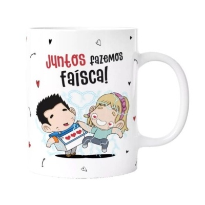 Caneca branca com ilustração de casal cartoon e texto 