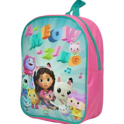 Mochila infantil rosa com personagens de gatos e menina, texto 'AMEOWZING' em cores