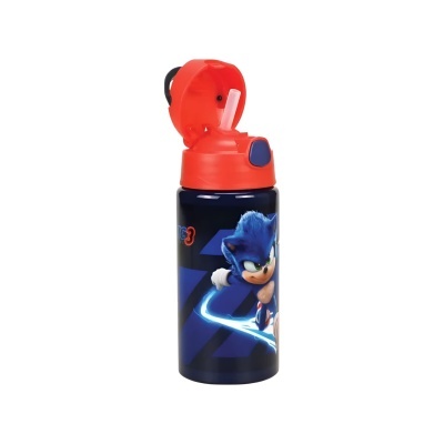 Garrafa desportiva azul escura com tampa vermelha e imagem do Sonic