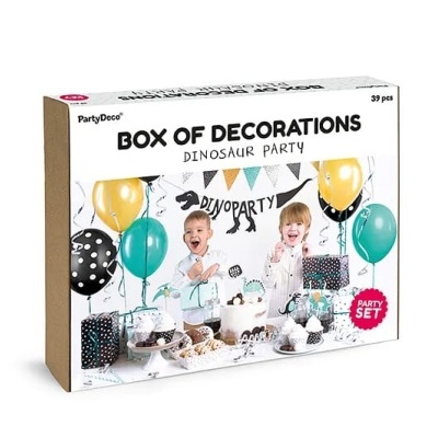Caixa de conjunto de decoração para festa de dinossauros com balões e bandeirolas