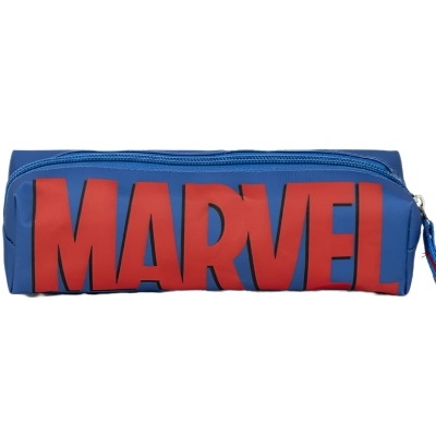 Estojo azul com o logotipo MARVEL em vermelho