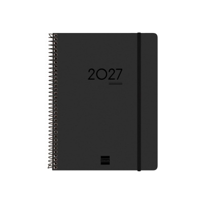 Agenda preta com capa rígida e espiral, texto 2027 na capa.