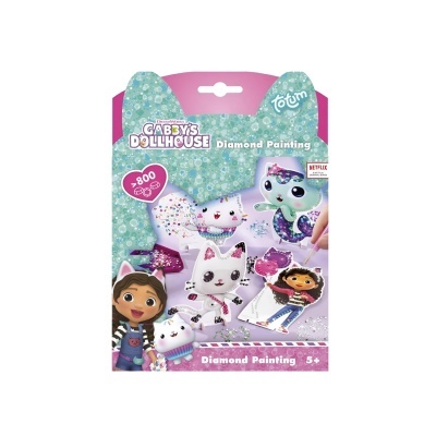 Embalaem do produto GABBY'S DOLLHOUSE para pintura com diamantes, personagens coloridos em fundo azul claro e rosa.