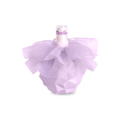Frasco roxo de perfume com laço de tule lilás e texto 'Martini' na etiqueta