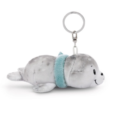 Porta-chaves em peluche cinzento claro em forma de foca com coleira azul turquesa