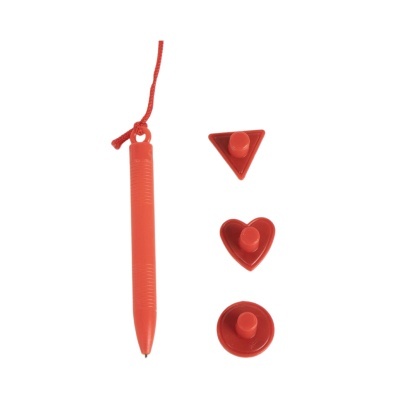 Caneta vermelha com cordão e três carimbos vermelhos em formas geométricas.