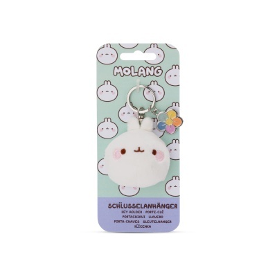 Chaveiro de pelúcia branco com forma de coelho em embalagem verde claro com imagens de coelhos e texto MOLANG