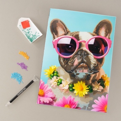 Tela para pintura com diamantes mostrando um Bulldog Francês com óculos de sol rosa e flores, com pedras coloridas e ferramenta para aplicação ao lado.