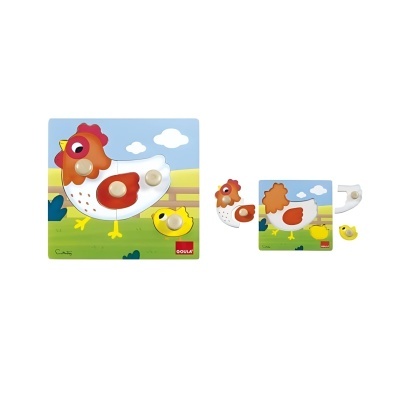 Quebra-cabeças infantil de madeira com galinha e pintainho